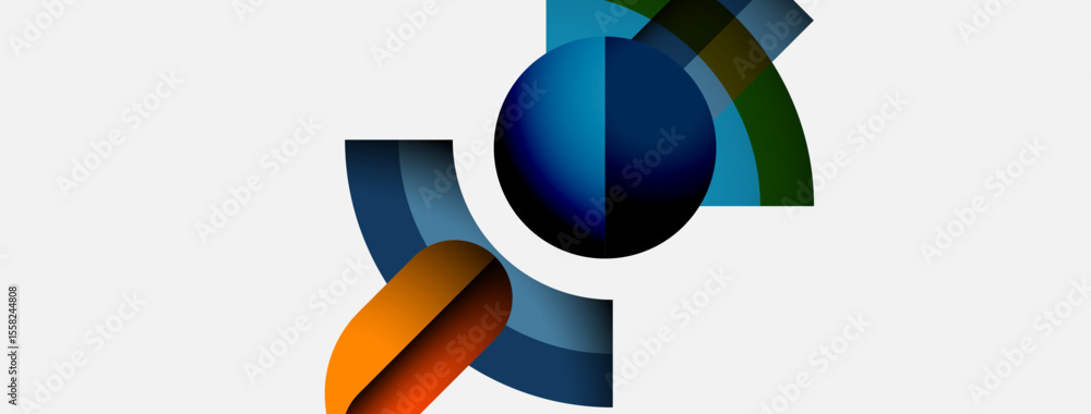 Poster abstract shapes overlap, creating dynamic composition. blue dominates, accented by orange, green hue