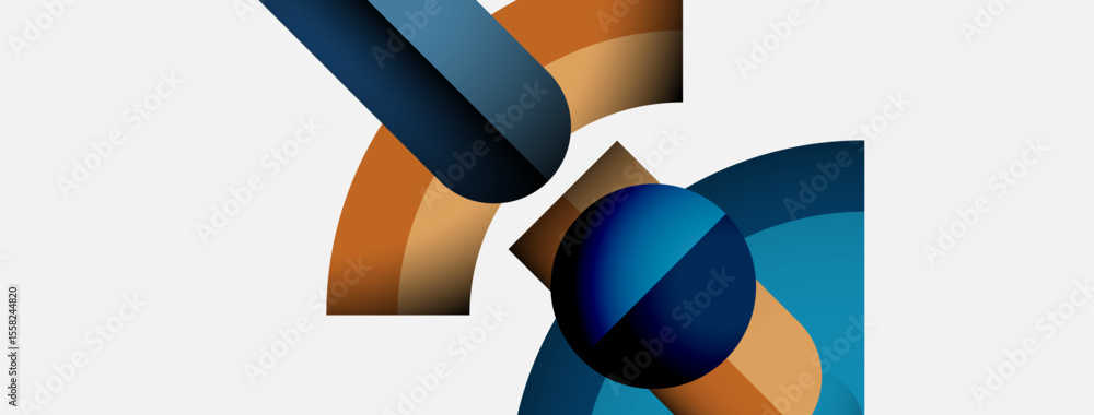 Poster abstract shapes overlap, creating dynamic composition. blue, orange hues dominate clean white backgr