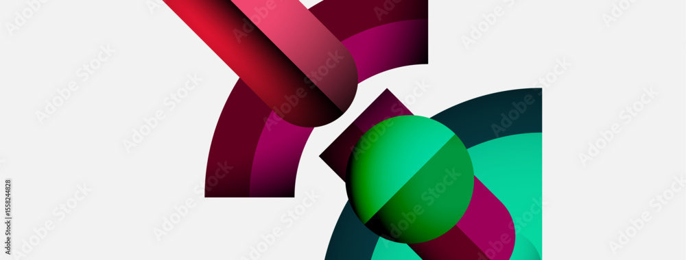 Poster abstract shapes overlap, creating dynamic composition. colors blendreds, greens, dark toneson white 