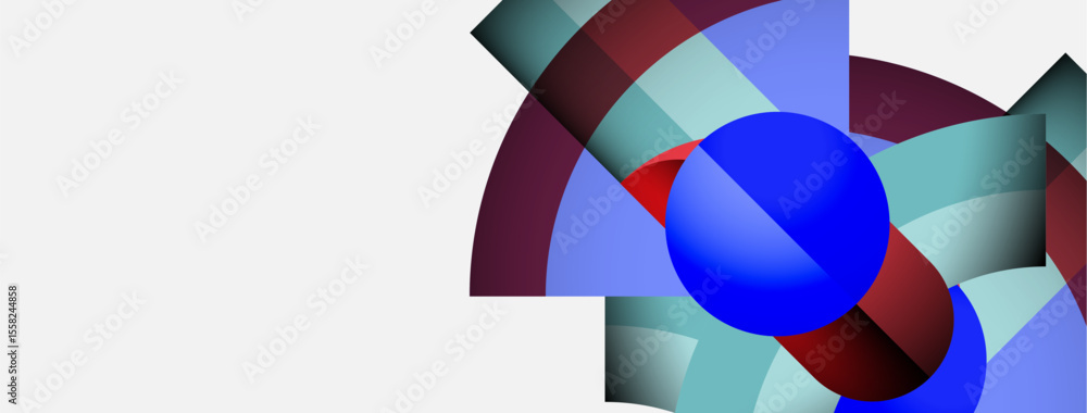Poster Abstract geometric composition. Shapes overlap, creating dynamic visual effect. Blue dominates with red accents on white background.