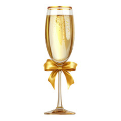 Elegant champagne flute with golden bow, sparkling bubbles, isolated on transparent background for festive celebrations