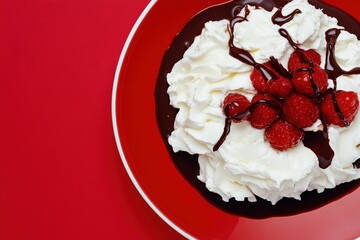 Delicious dessert featuring whipped cream, fresh raspberries, and rich chocolate sauce on a vibrant red plate, perfect for indulgent dining experiences and sweet treats
