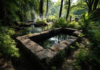 Obraz premium Serene Natural Hot Springs in Lush Tropical Surroundings with Steaming Water and Abundant Greenery, Peaceful Outdoor Escape for Relaxation