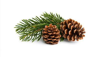 Two brown pine cones resting on green pine needles against a white background.