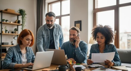 Fototapeta premium Collaboration in a Modern Office: A group of diverse business professionals intently work together around a table. laptops, documents.