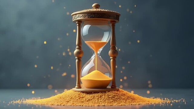 An elegant hourglass icon with glowing golden sand grains on a muted blue-gray background in motion