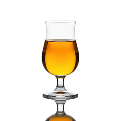 A clear stemmed glass holds a golden amber liquid, possibly a spirit or juice. The beverage reflects on the surface, creating a sophisticated visual.