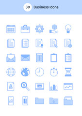 Set of business icons in blue.
