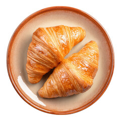 Freshly Baked Croissants on a Terracotta Plate Isolated on White Background for Culinary and Food Photography