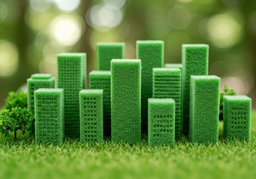 green grass on a white background, Eco-city model amidst greenery, sustainable development concept