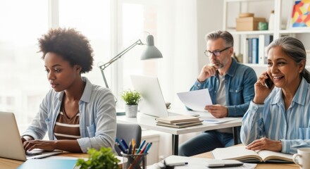 Working Together: Capture an open-plan office setting featuring colleagues collaborating and focusing on diverse work activities, showing productivity, technology use, and workplace culture.