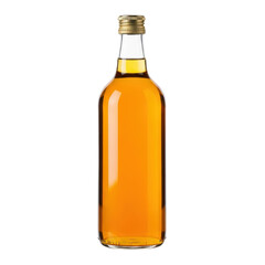 A transparent glass bottle filled with a rich golden amber liquid, sealed with a shiny metallic gold cap. Ideal for showcasing beverages, oils, or syrups.