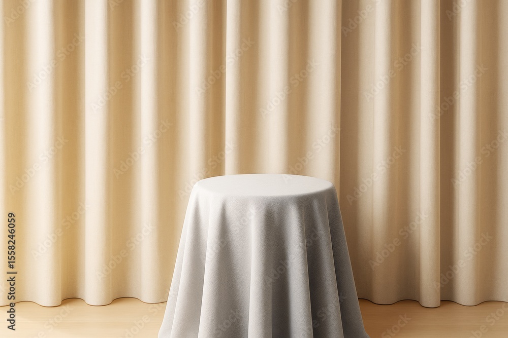 Aufkleber minimalist round table covered with soft fabric in front of beige curtains in warm ambient light, in