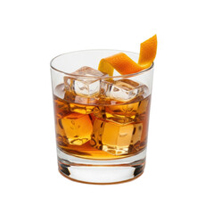 A rich amber whiskey cocktail with ice cubes and an elegant orange peel garnish in a rocks glass, ideal for menus, advertisements, and lifestyle content.