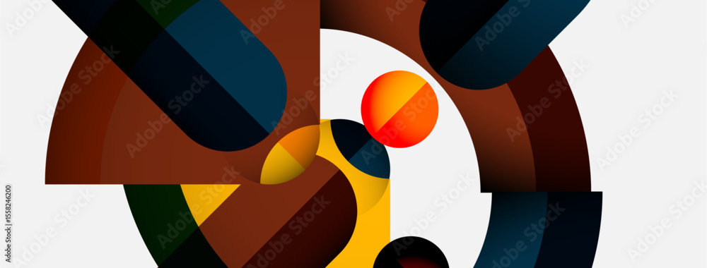 Poster Abstract composition featuring curved shapes, warm colors, cool tones. Geometric forms overlap creating dynamic visual interest. Minimalist design.