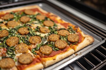 Delicious freshly baked pizza garnished with flavorful sausage slices, mozzarella cheese, and vibrant spinach on a golden brown crust, perfect for any meal or gathering.