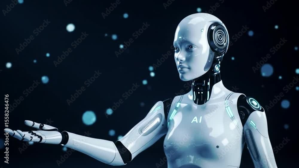 Poster futuristic ai robot extends hand in a dark, particle-filled environment video