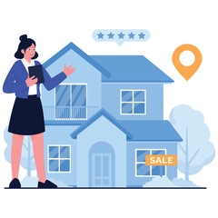 Real Estate Illustration. Vector illustration of A real estate agent presenting a house for sale with rating and location icons. Isolated on background