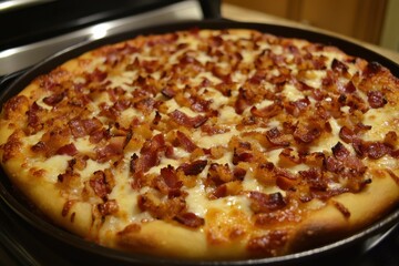 Delicious freshly baked pizza topped with crispy bacon pieces, melted cheese, and golden crust, perfect for food lovers and culinary enthusiasts seeking comfort food inspiration.