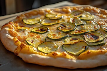 Delicious freshly baked pizza topped with golden yellow zucchini slices and melted cheese, served in a warm and inviting setting perfect for food lovers.