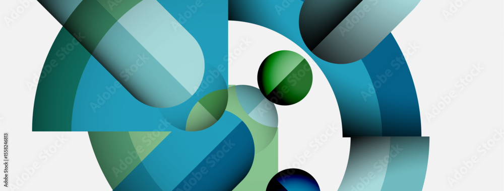 Aufkleber abstract composition featuring overlapping curved shapes, green spheres, cool color palette. minimal