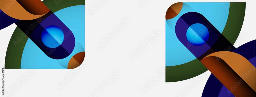 Poster abstract shapes overlap, creating dynamic composition. blue, brown, green hues dominate design. mini