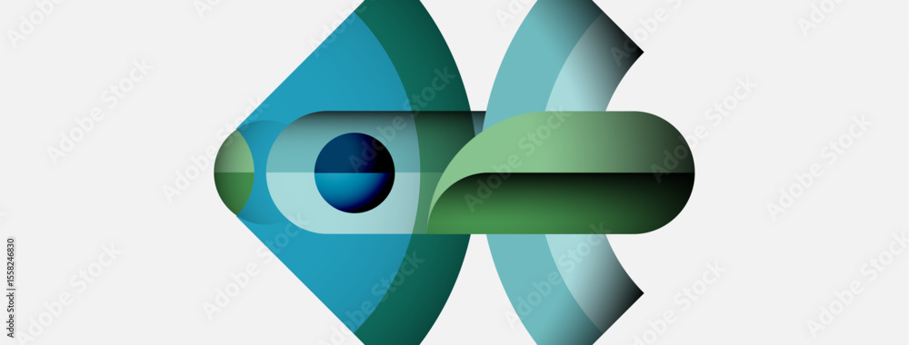 Poster abstract graphic design features layered shapes. teal, green hues dominate composition. modern aesth