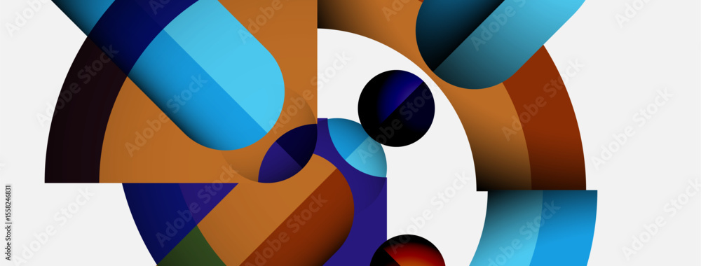 Poster Abstract composition. Geometric shapes overlap, creating dynamic visual effect. Colors blend, forming modern artwork. Smooth gradients present depth.