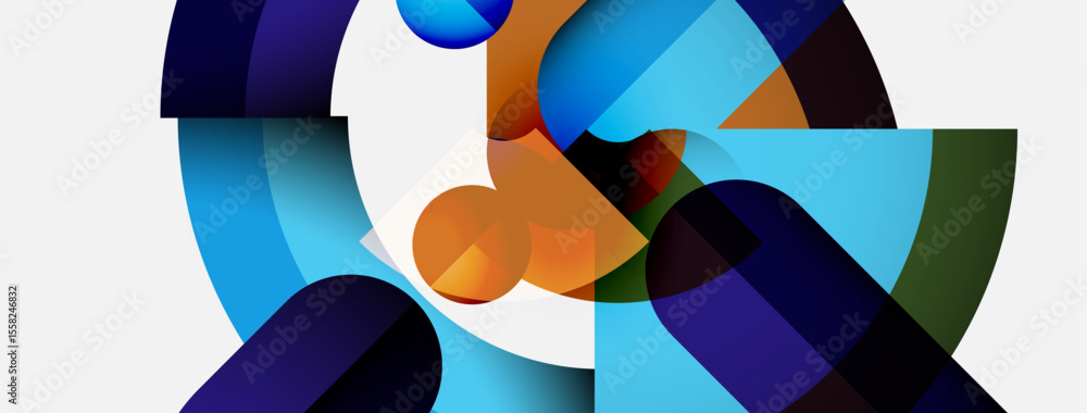 Poster Abstract composition featuring overlapping colorful arcs. Shapes suggest movement, depth, dynamic interplay between hues. Modern design.