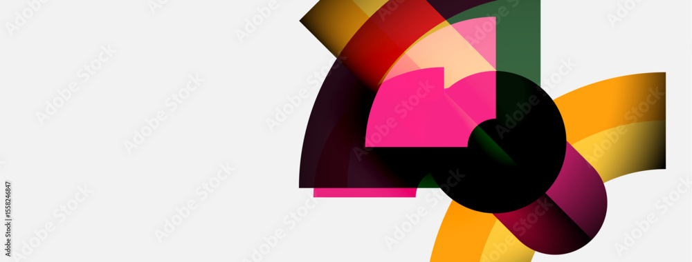 Poster Abstract colorful shapes overlap, creating dynamic composition. Bright hues contrast against white background. Modern design element.