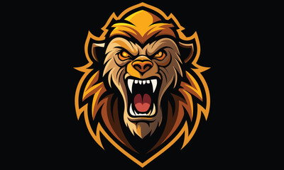 Fierce roaring lion mascot head with sharp teeth and glowing eyes rendered in a modern esports style with bold orange and brown accents on a black background