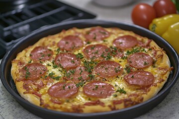 Delicious freshly baked pizza topped with pepperoni slices, mozzarella cheese, parsley garnish, and vibrant vegetables on a kitchen counter setting