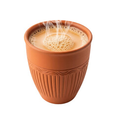 A hot, frothy cup of indian masala chai tea, served in a traditional terracotta kulhad, with steam rising, perfect for illustrating cultural beverages and warm drinks.