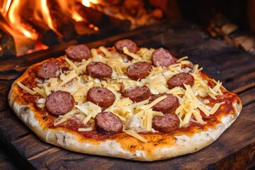 Delicious freshly baked pizza topped with savory sausages, melted cheese, and aromatic herbs, surrounded by a warm, glowing fire in a rustic setting.