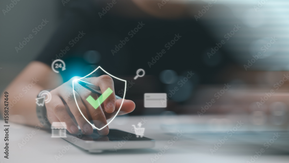 Poster hand using stylus on smartphone with digital secure payment interface overlay. concept of mobile tra