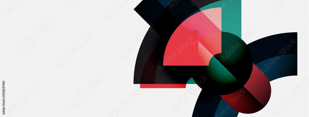 Poster Abstract design features overlapping colorful shapes. Red, teal, dark blue hues create dynamic composition on white background. Modern, minimalist.