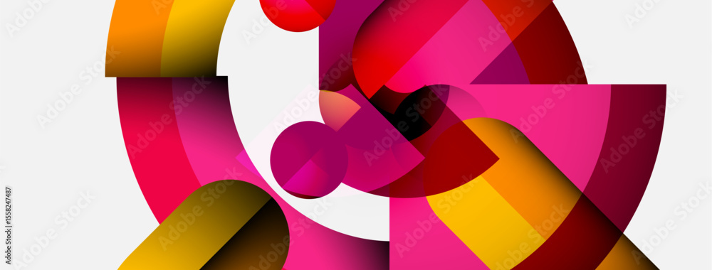 Poster Abstract composition. Overlapping colorful shapes create dynamic visual effect. Pink, red, yellow hues dominate design. Modern, geometric style.