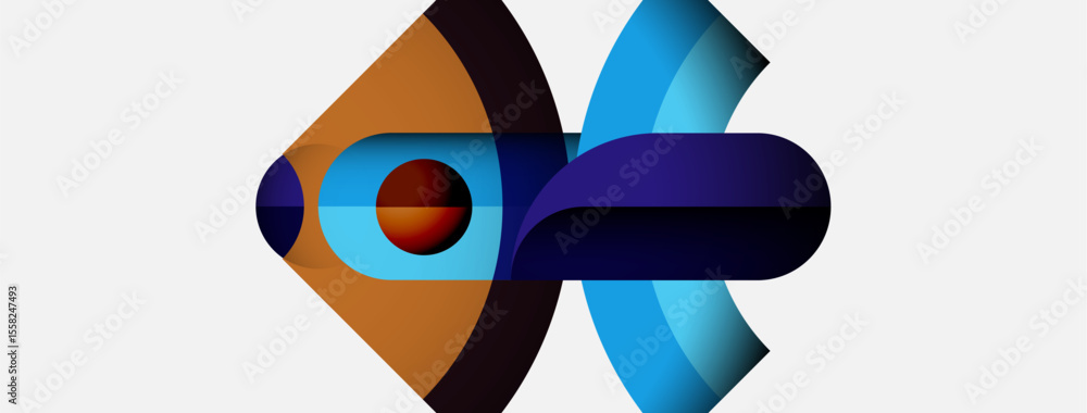 Poster abstract shapes overlap, creating dynamic composition. colors include orange, blue, purple, red. min