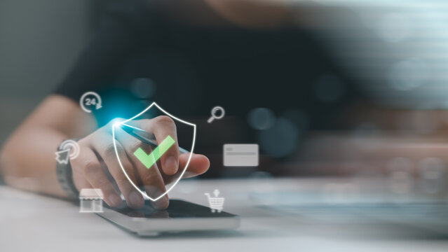 Hand using stylus on smartphone with digital secure payment interface overlay. Concept of mobile transaction, cybersecurity, online shopping, and 24/7 financial access.