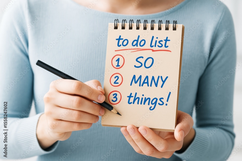 Poster woman holding notebook with handwritten to-do list reading so many things in blue and red ink on lig