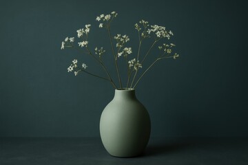 Green vase with white dried flowers on dark background