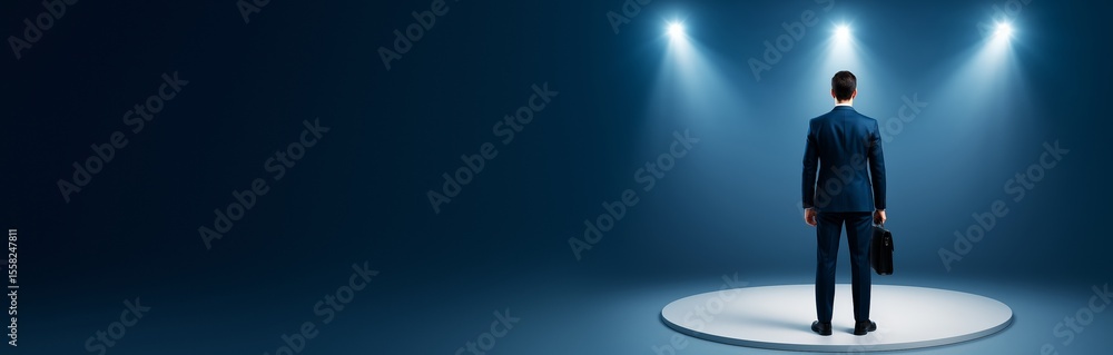 Poster businessman standing on spotlighted stage against dark blue background with empty copy space for ban