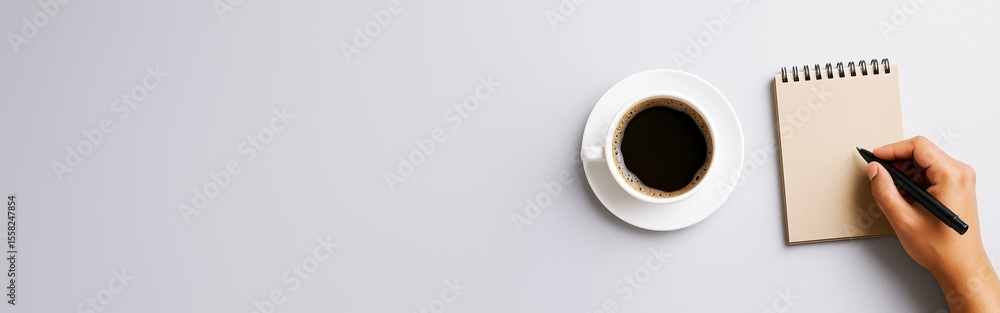 Poster coffee cup with hand writing on blank notebook beside it on white background with copyspace for desi