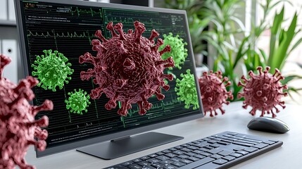 Computer Screen Displaying 3D Virus Models with Data Graphs and Green Plants in Office Setting