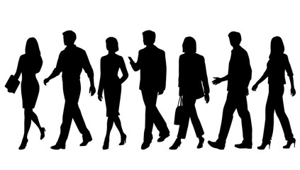 Silhouettes of men and women, group walking business people, vector, profile, black color isolated on white background