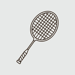 Simple black line drawing of a badminton racket on a light gray background