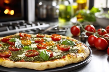 Delicious Freshly Baked Pizza with Pesto, Mozzarella, Cherry Tomatoes, and Basil Leaves Prepared in a Bright and Inviting Kitchen Setting