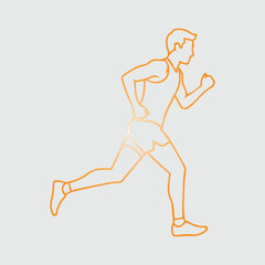 Athletic man in motion running with orange outline on a light gray background