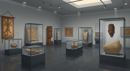 An illustration of a spacious museum gallery featuring various ancient art and artifacts from diverse cultures, displayed in glass cases under spotlights.