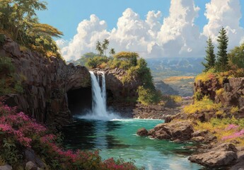 Serene Waterfall Cascades into Tranquil Pool Surrounded by Lush Vegetation and Vibrant Flora Under a Bright Sky with Fluffy Clouds